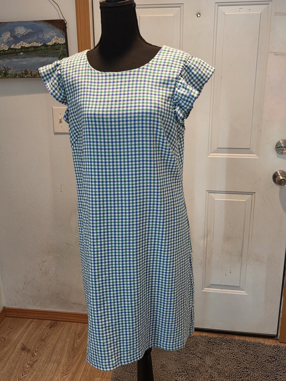 Elle Blue and Green Gingham Ruffle-Sleeve Midi Dress